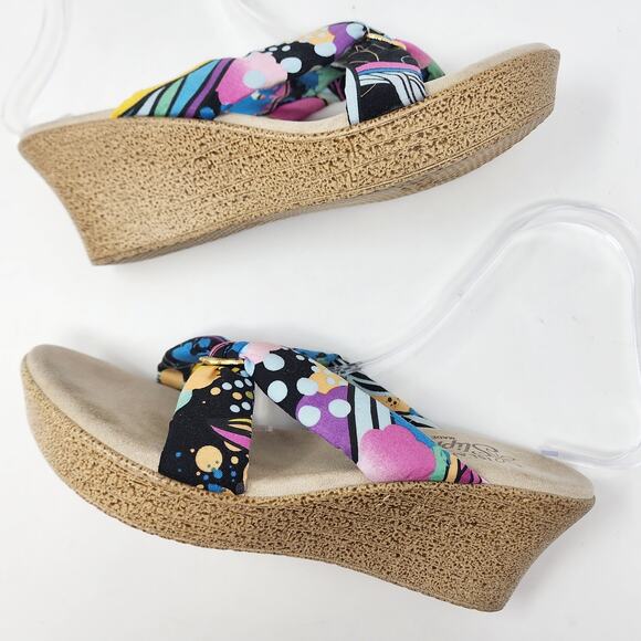 Island Slipper Wedge Women 8 Colorful Pink Black Fabric with Gold Ring Comfort - Picture 8 of 10